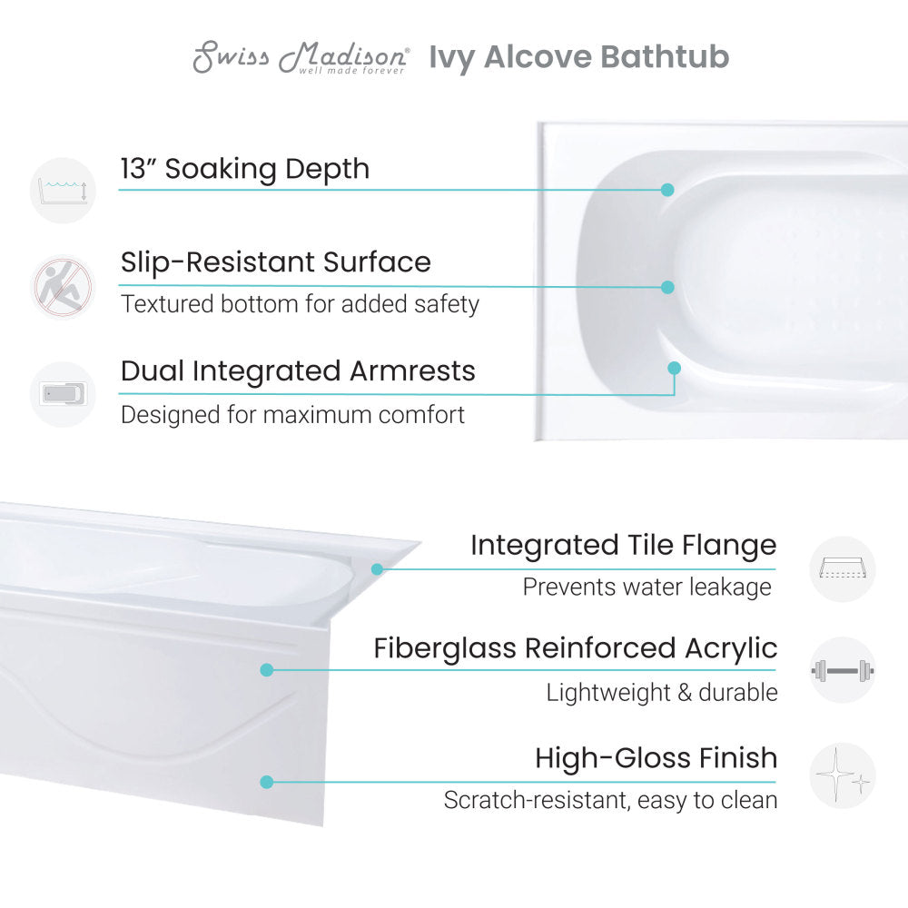 Ivy 60" X 30" Left-Hand Drain Alcove Bathtub with Apron