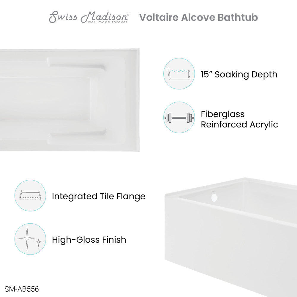 Swiss Madison Voltaire 72" x 36" Left-Hand Drain Alcove Bathtub with Apron