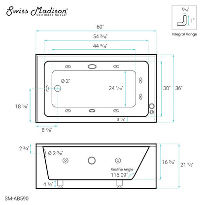 Avancer 60" x 36" Left-Hand Drain Rectangular Alcove Whirlpool Bathtub with Apron