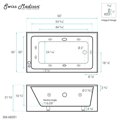 Avancer 60" x 36" Right-Hand Drain Rectangular Alcove Whirlpool Bathtub with Apron