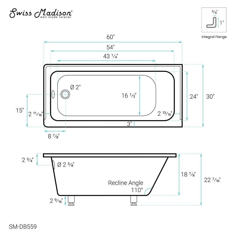 Voltaire 60" X 30" Left-Hand Drain Alcove Bathtub