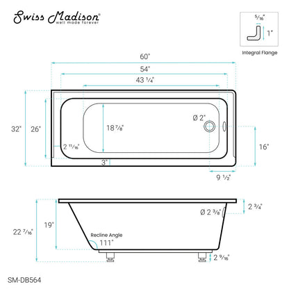 Voltaire 60" X 32" Right-Hand Drain Alcove Bathtub