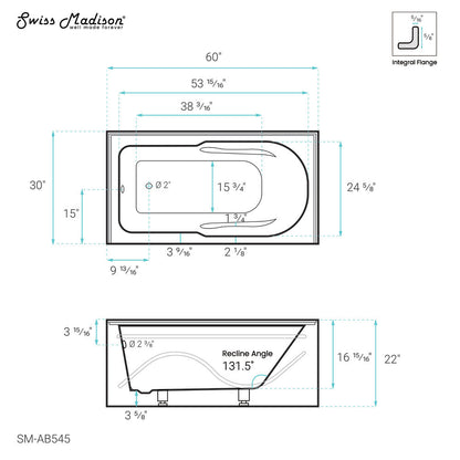 Ivy 60" X 30" Left-Hand Drain Alcove Bathtub with Apron