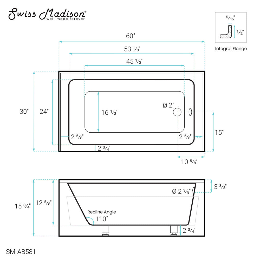 Virage 60" x 30" Right-Hand Drain Alcove Bathtub with Apron