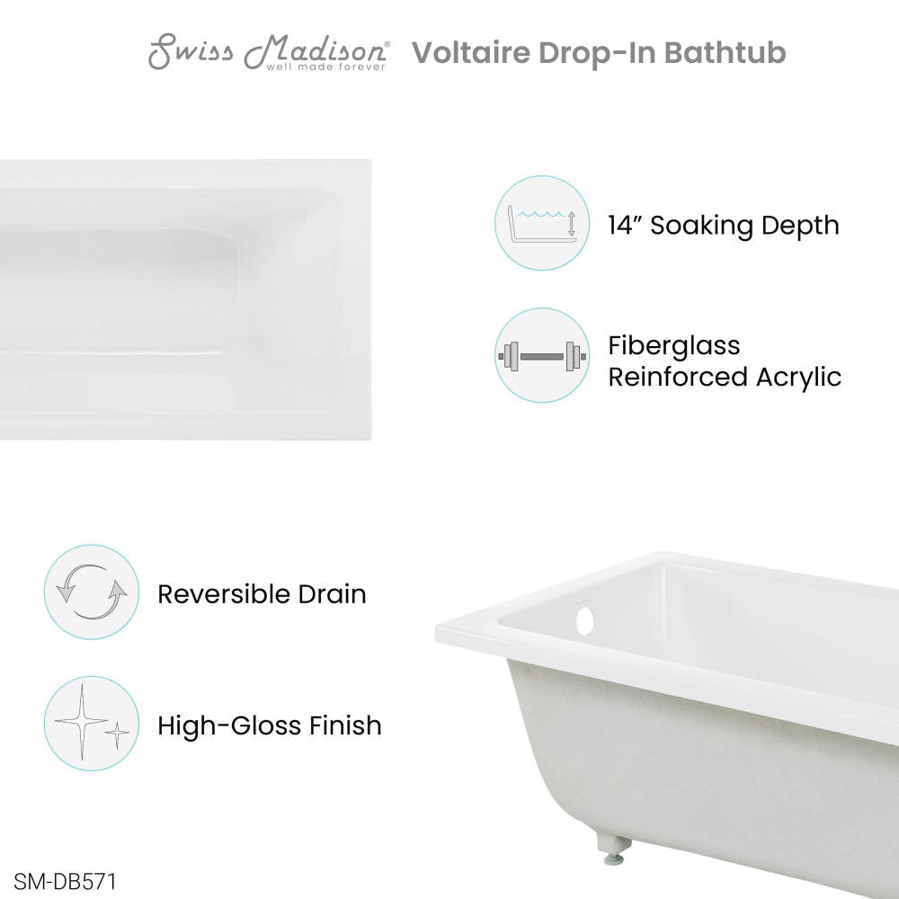 Voltaire 48" x 32" Reversible Drain Drop-In Bathtub