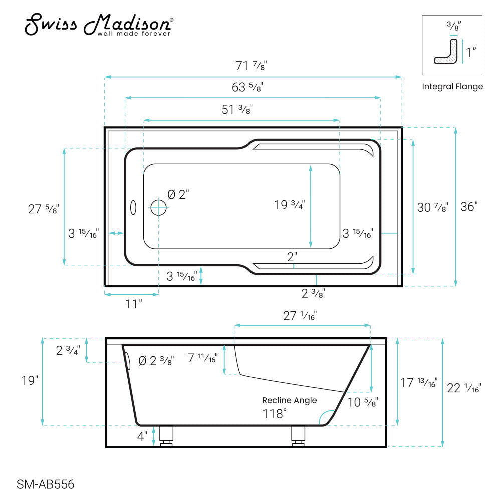 Swiss Madison Voltaire 72" x 36" Left-Hand Drain Alcove Bathtub with Apron