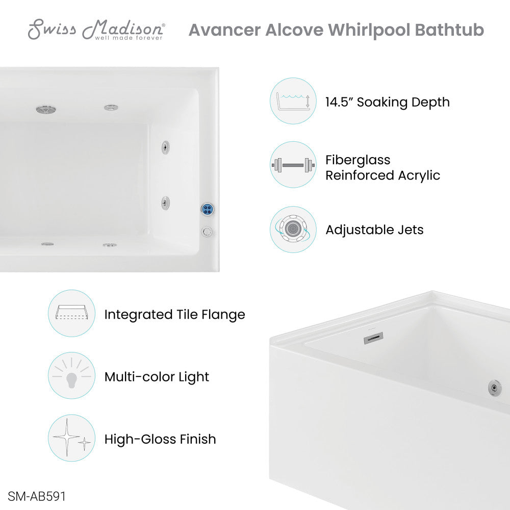 Avancer 60" x 36" Right-Hand Drain Rectangular Alcove Whirlpool Bathtub with Apron