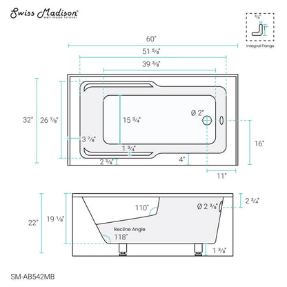 Voltaire 60" X 32" Right-Hand Drain Alcove Bathtub with Apron in Matte Black