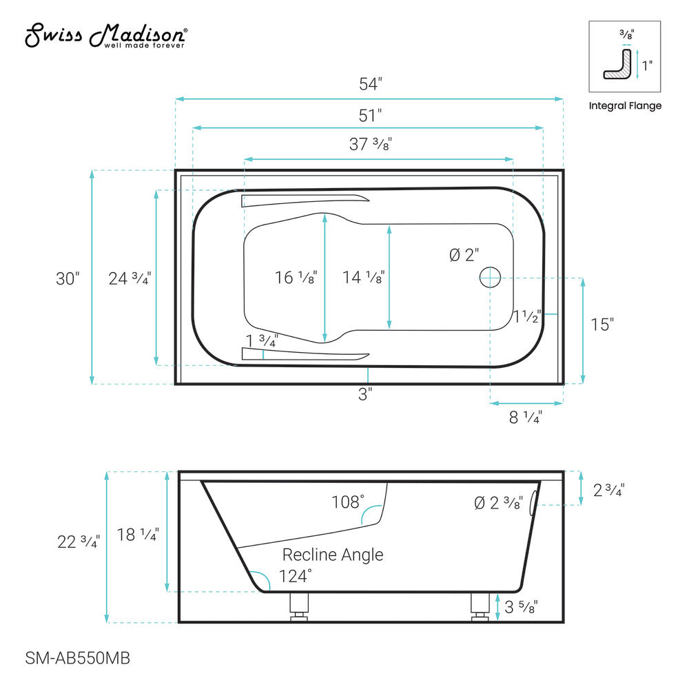 Voltaire 54" X 30"  Right-Hand Drain Alcove Bathtub with Apron in Matte Black