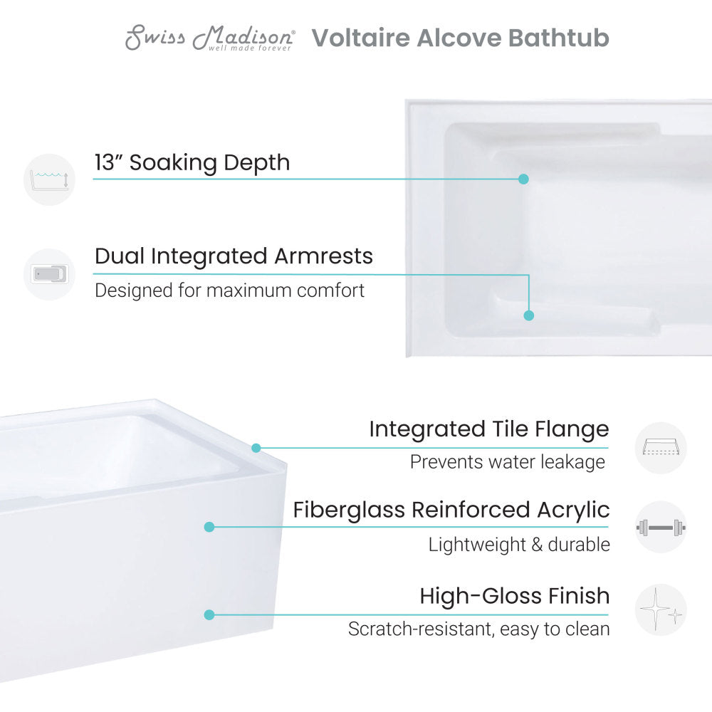 Voltaire 60" X 30" Right-Hand Drain Alcove Bathtub with Apron and Armrest