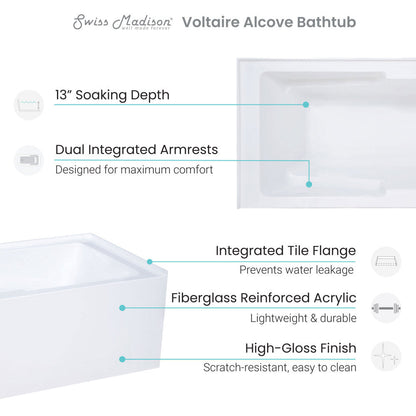 Voltaire 60" X 30" Left-Hand Drain Alcove Bathtub with Apron and Armrest