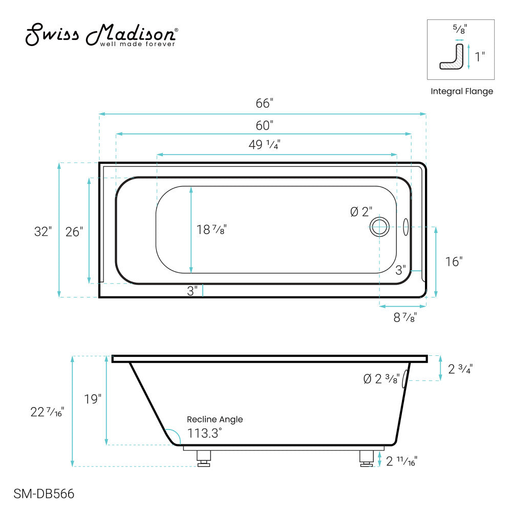 Voltaire 66" X 32" Right-Hand Drain Alcove Bathtub