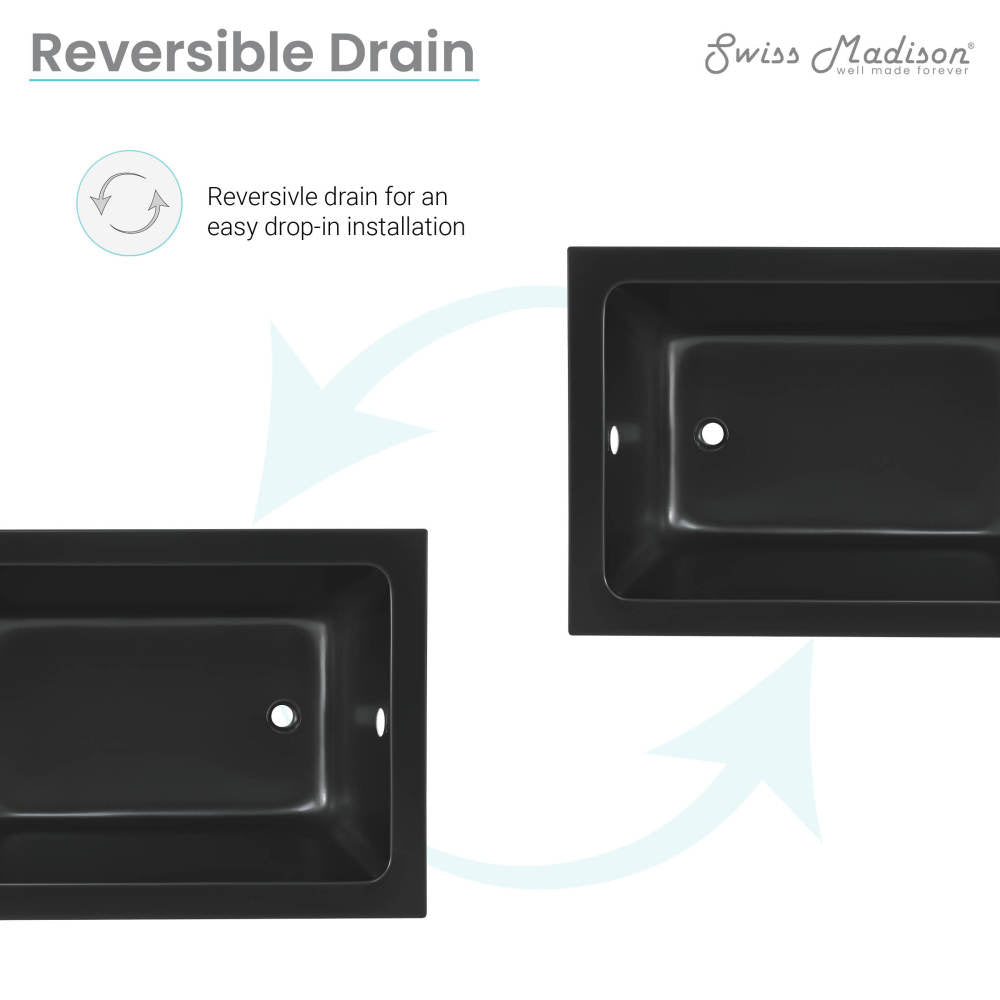 Voltaire 48"x32" Reversible Drain Drop-In Bathtub in Matte Black