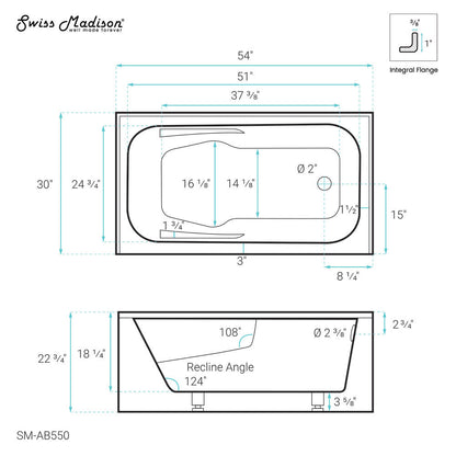 Voltaire 54" X 30"  Right-Hand Drain Alcove Bathtub with Apron & Armrest