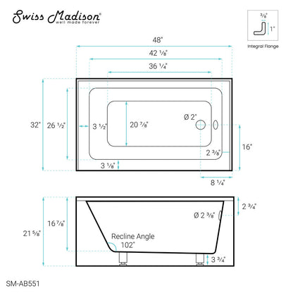 Voltaire 48" X 32" Right-Hand Drain Alcove Bathtub with Apron