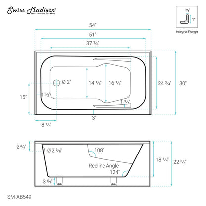 Voltaire 54" X 30" Left-Hand Drain Alcove Bathtub with Apron & Armrest