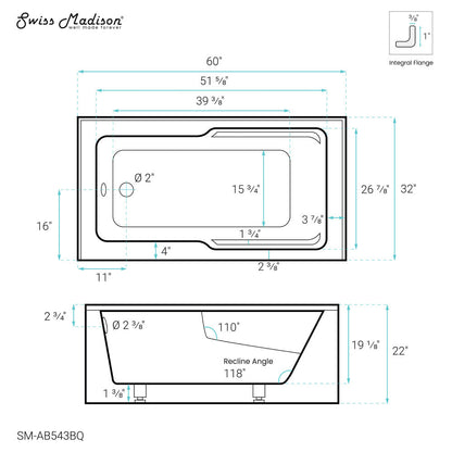 Voltaire 60" X 32" Left-Hand Drain Alcove Bathtub with Apron in Bisque