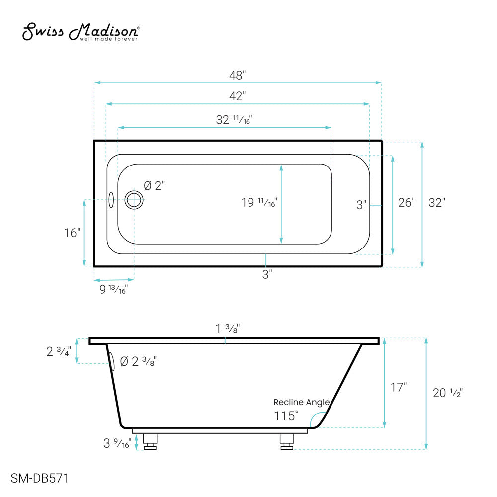 Voltaire 48" x 32" Reversible Drain Drop-In Bathtub