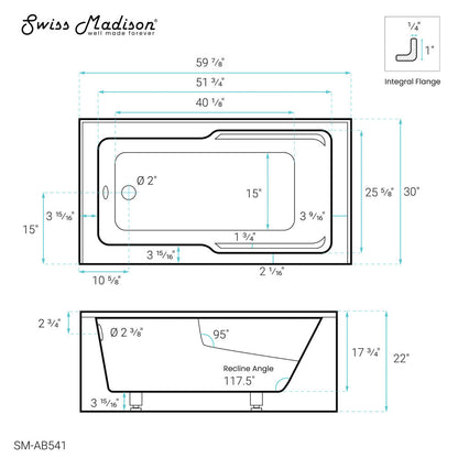 Voltaire 60" X 30" Left-Hand Drain Alcove Bathtub with Apron and Armrest