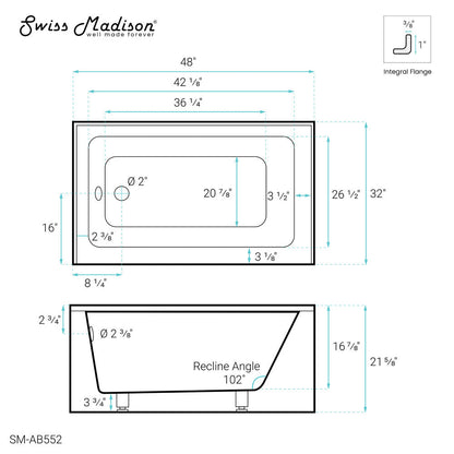 Voltaire 48" X 32" Left-Hand Drain Alcove Bathtub with Apron