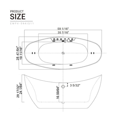 59" Freestanding Whirlpool Bathtub - Center Drain