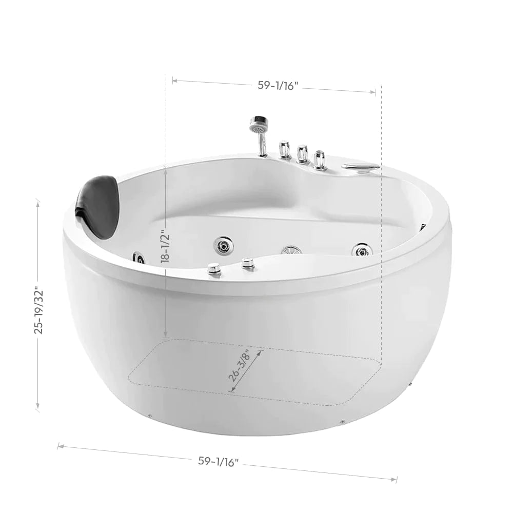 59" Freestanding Whirlpool Round Bathtub - Right Drain