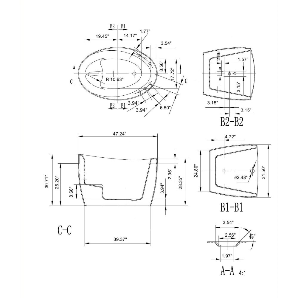 48" Freestanding Air Massage Japanese Style Bathtub with Reversible Drain