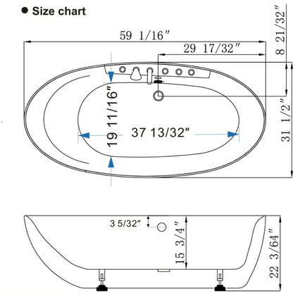 59" Freestanding Whirlpool Bathtub - Reversible Drain