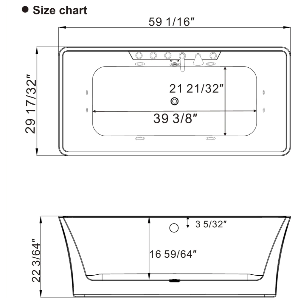 59" Freestanding Whirlpool Rectangle Bathtub - Center Drain