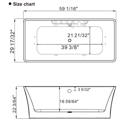 59" Freestanding Whirlpool Rectangle Bathtub - Center Drain