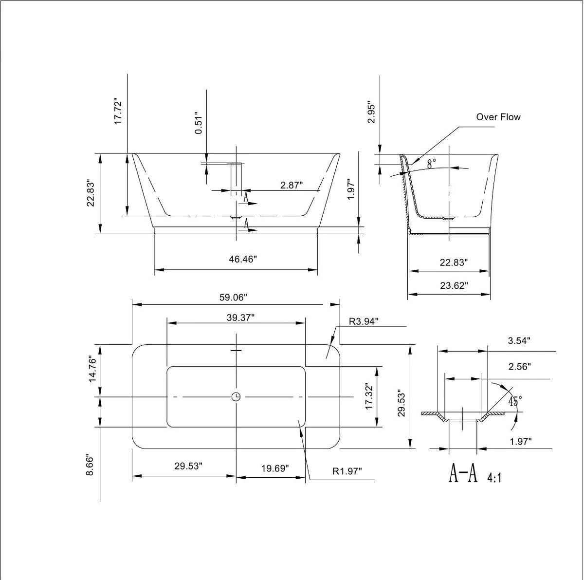 59" Freestanding Soaking Tub - Center Drain