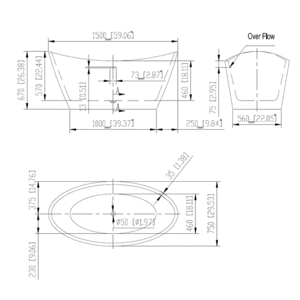 59" Freestanding Soaking Tub with Center Drain