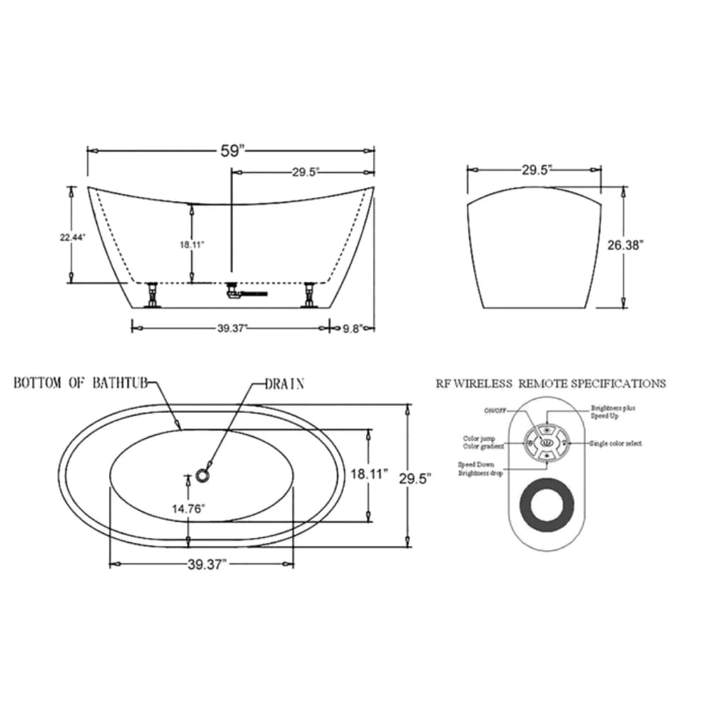 59" Freestanding Soaking LED Tub with Center Drain