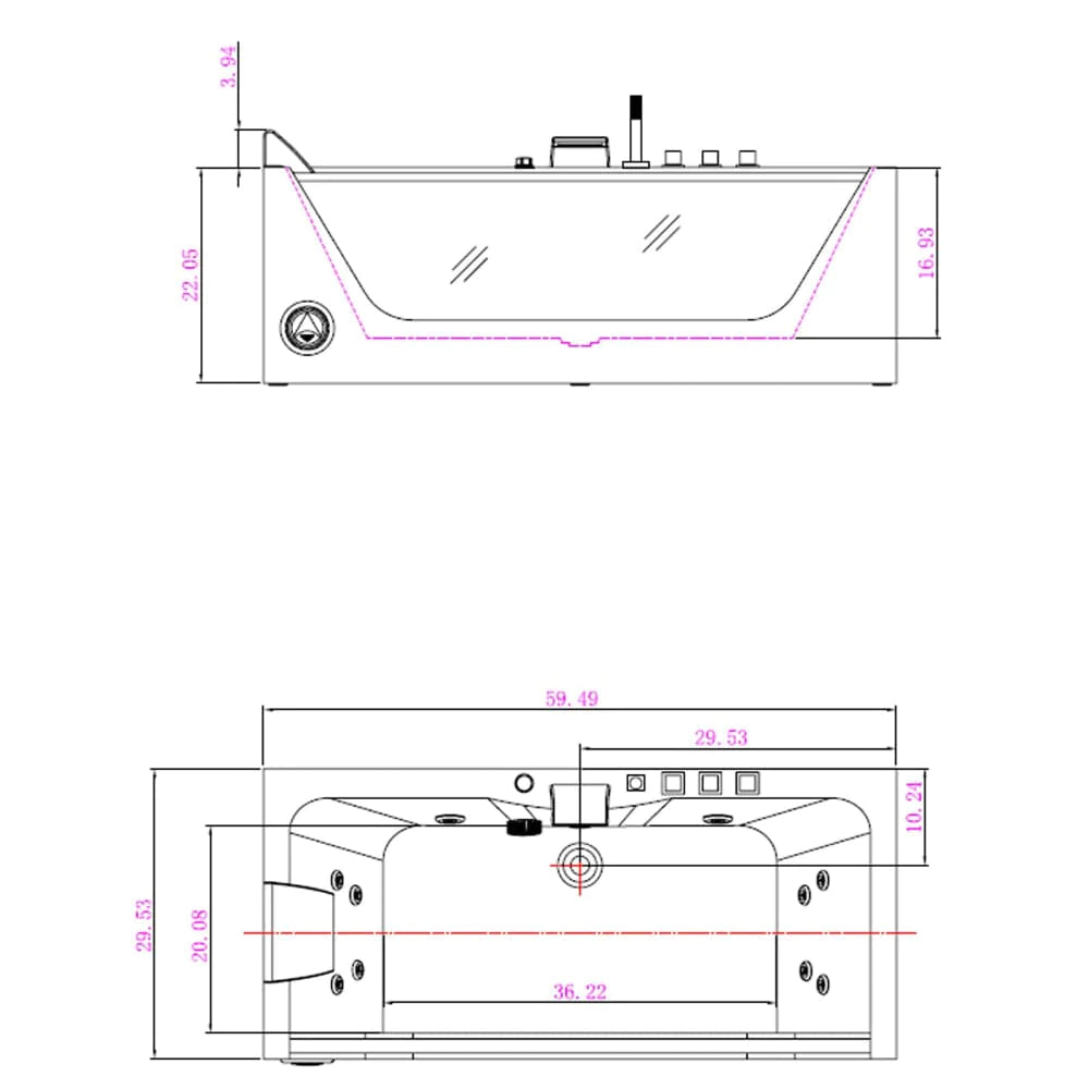 59" Alcove Whirlpool LED Bathtub with Center Drain