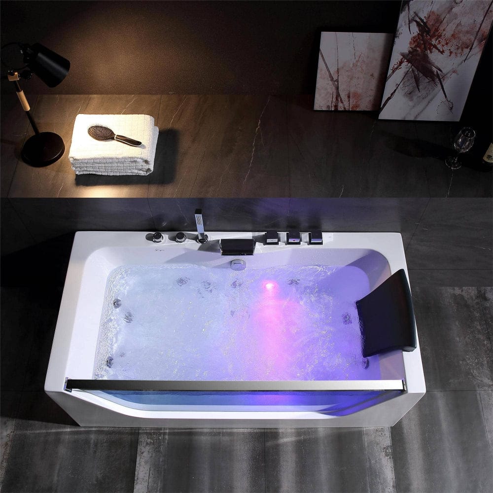 59" Alcove Whirlpool LED Bathtub with Center Drain