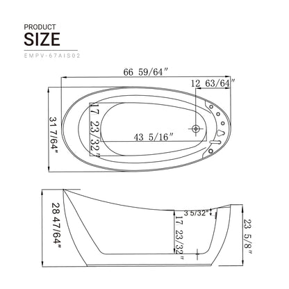 67" Freestanding Whirlpool Bathtub with Reversible Drain