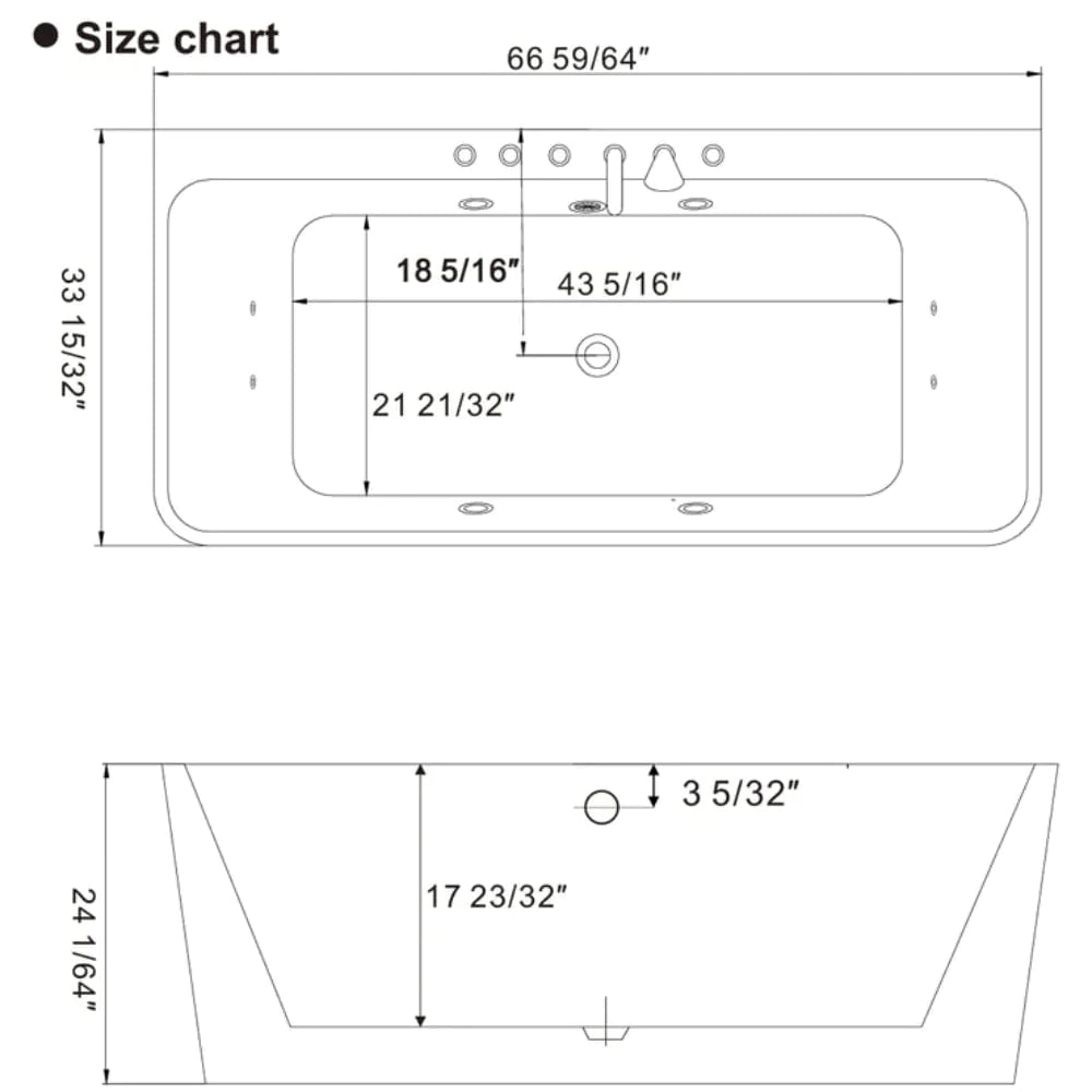 67" Freestanding Whirlpool Bathtub - Center Drain