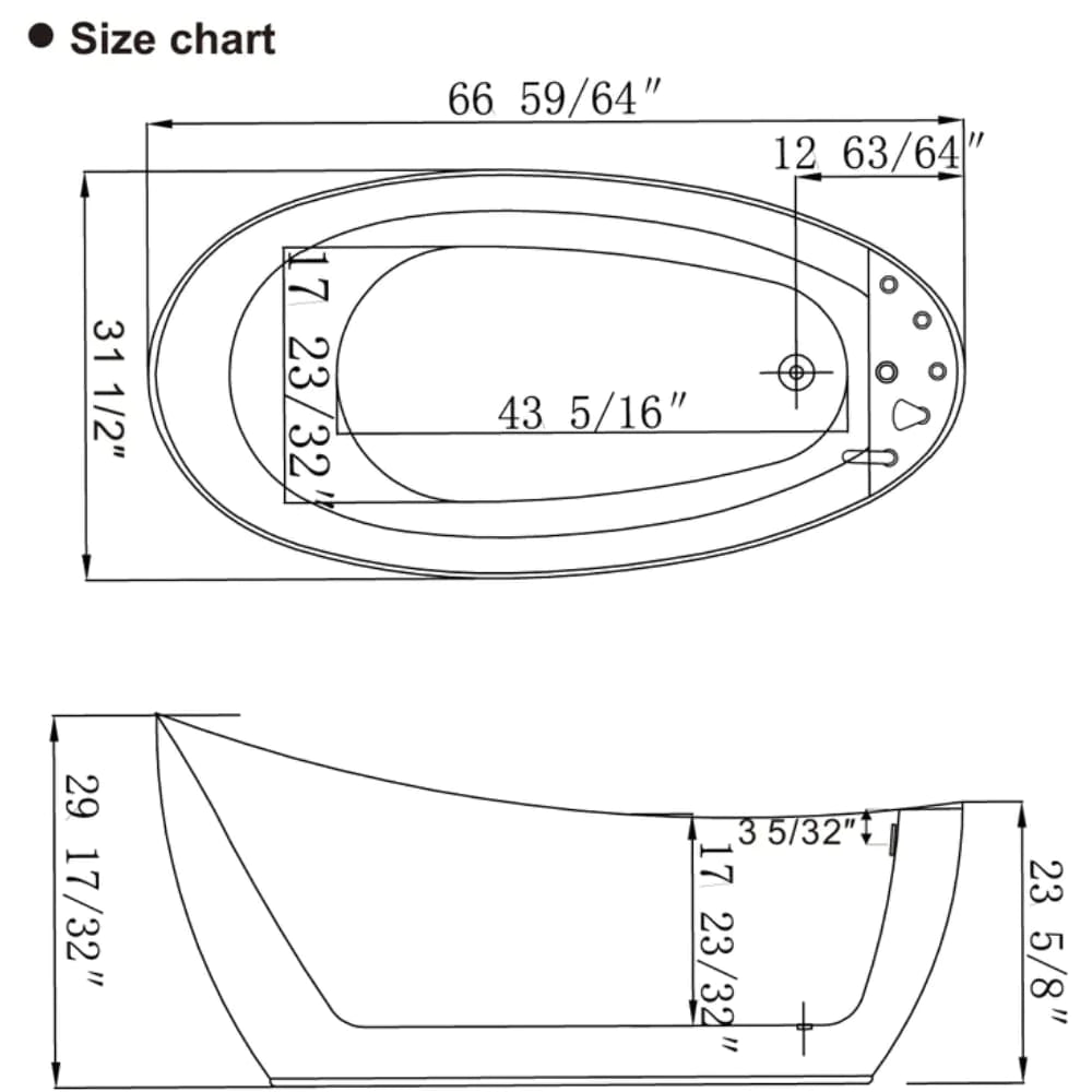 Empava 67" Freestanding Whirlpool Bathtub with Reversible Drain