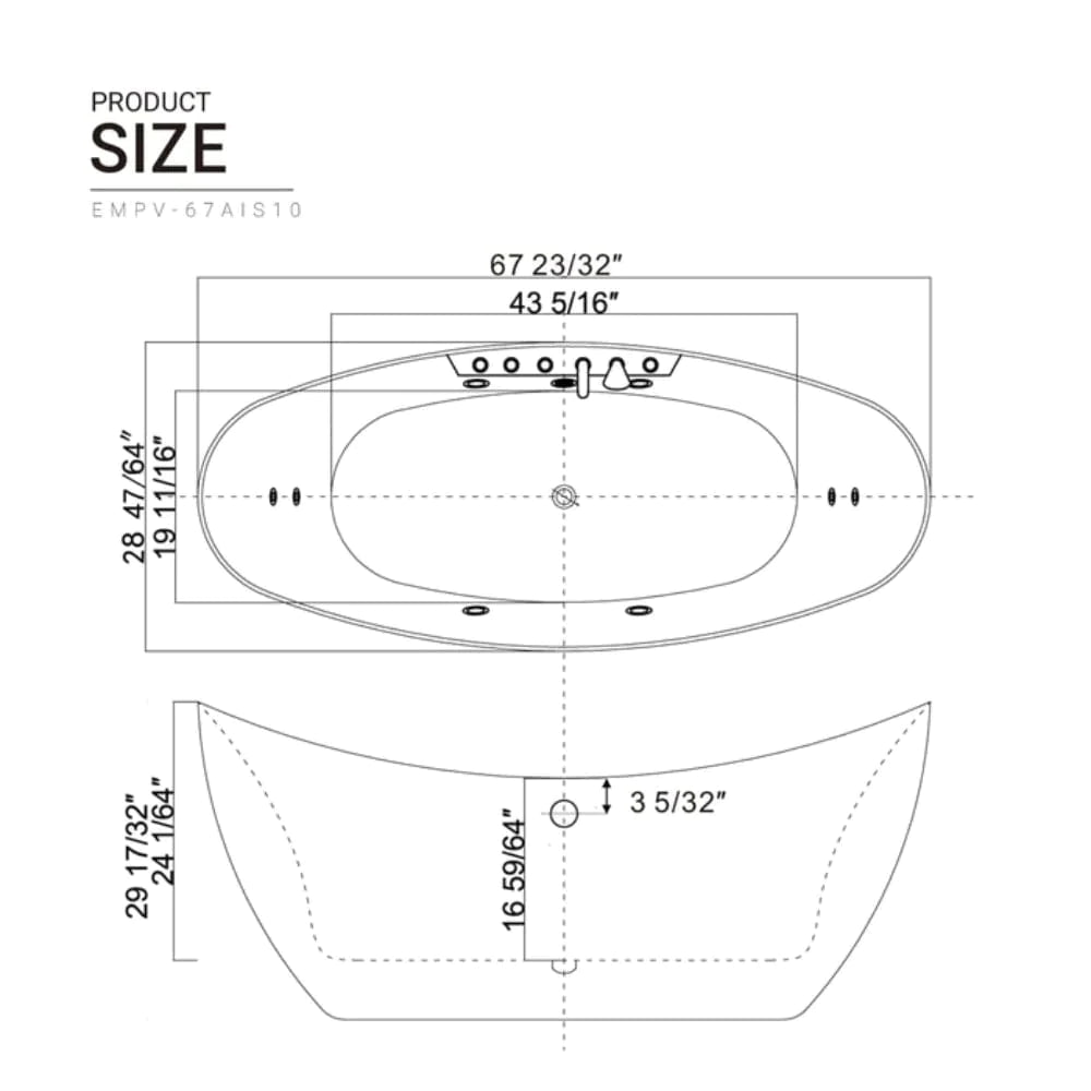 67" Freestanding Whirlpool Bathtub - Center Drain