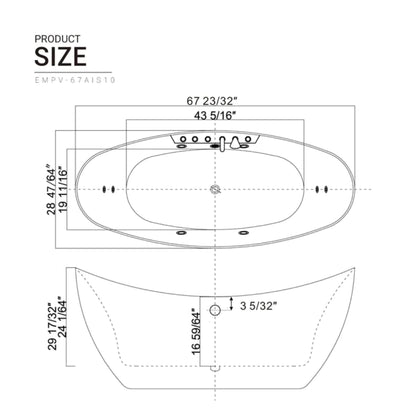 67" Freestanding Whirlpool Bathtub - Center Drain