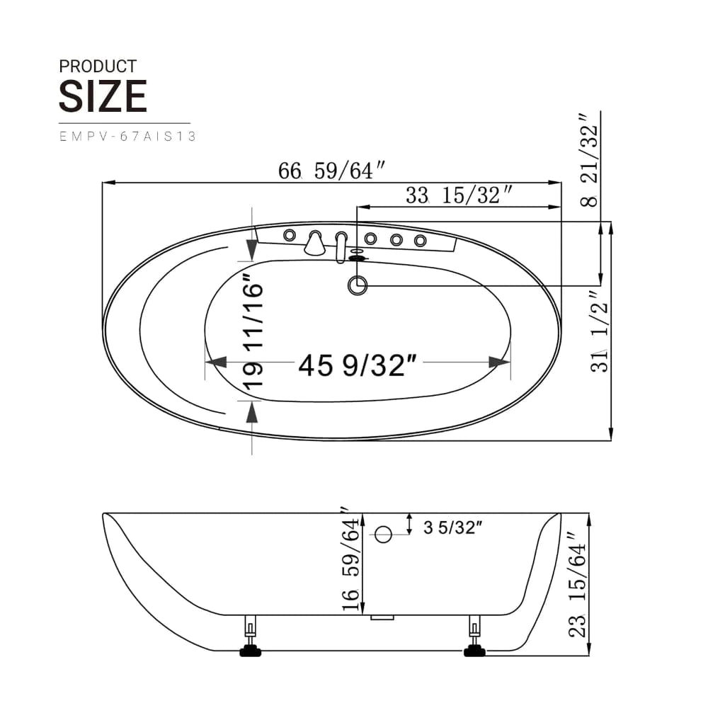 Empava 67" Freestanding Whirlpool Bathtub with Center Drain