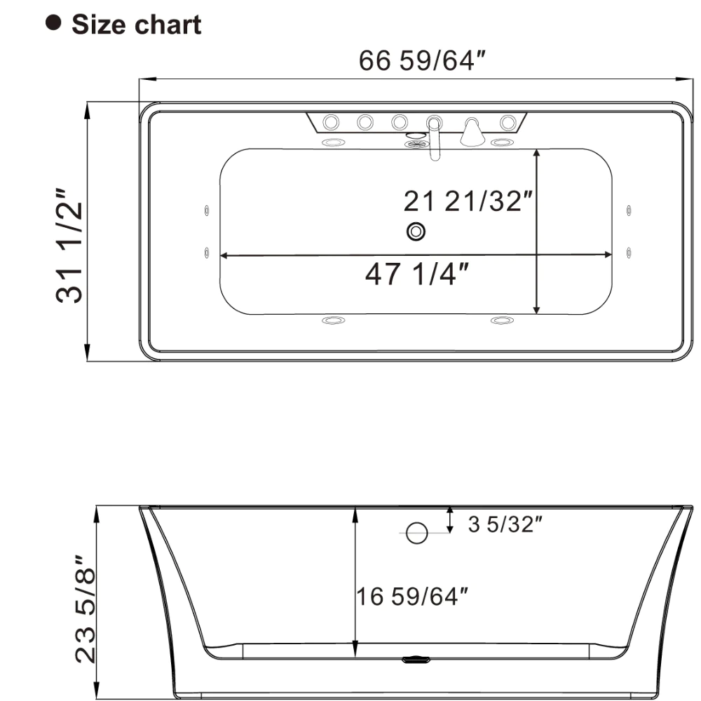 Empava 67" White Freestanding Rectangular Whirlpool Bathtub