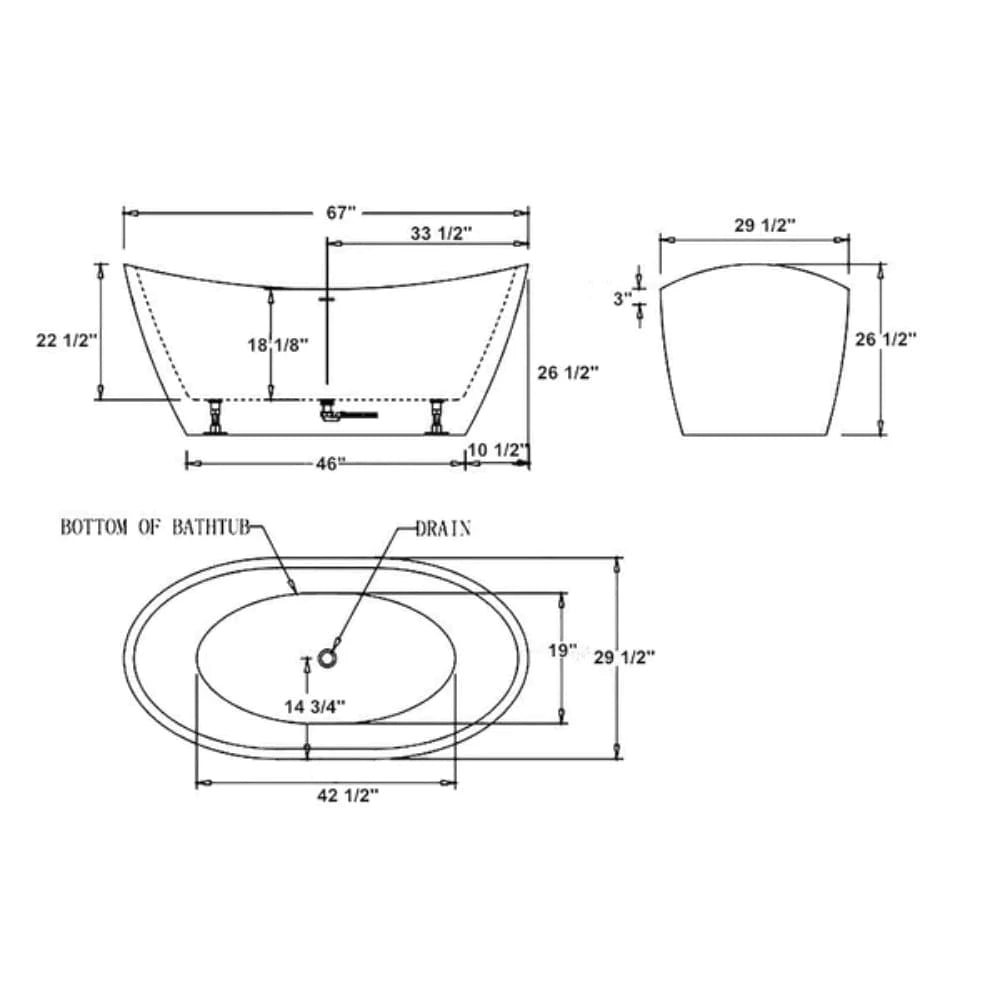 67" Freestanding Soaking Tub - Center Drain