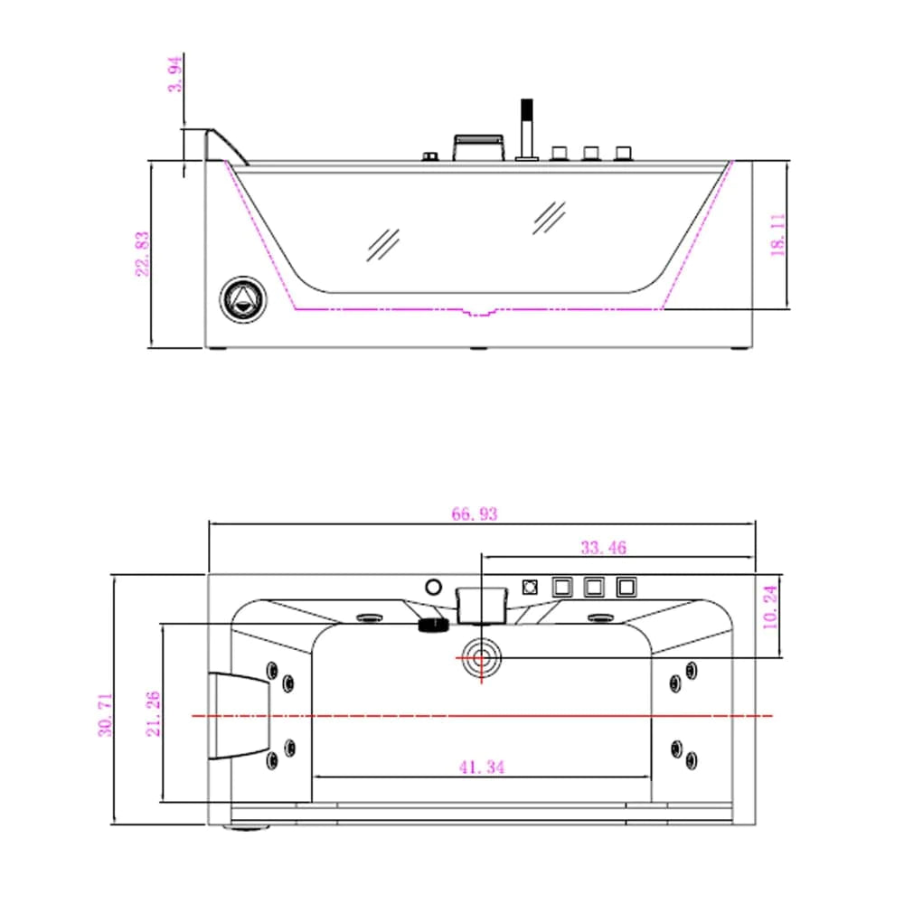 67" Alcove Whirlpool LED Bathtub - Center Drain