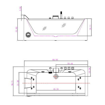 67" Alcove Whirlpool LED Bathtub - Center Drain