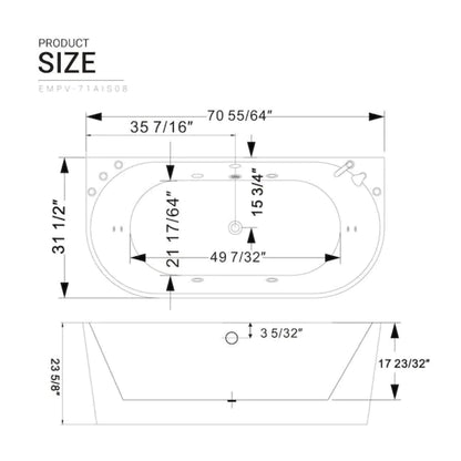 Empava 71" Freestanding Whirlpool Bathtub with Center Drain