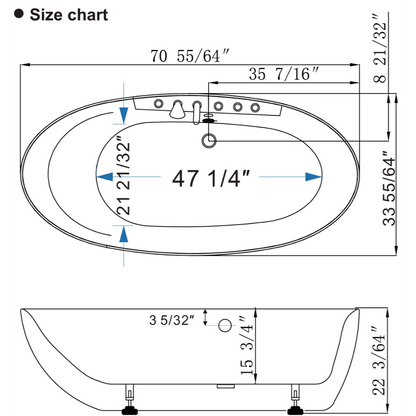 71" Freestanding Whirlpool Oval Bathtub - Center Drain