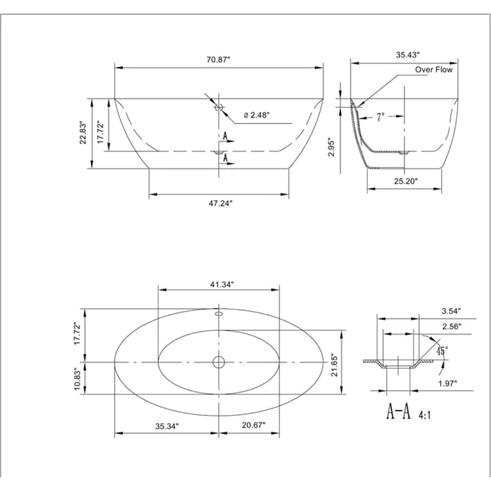 Empava 71" Freestanding Soaking Tub with Center Drain