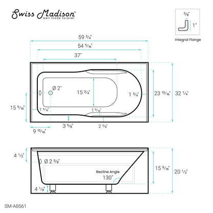 Concorde 60 in. x 32 in. Acrylic Glossy White, Alcove, Integral, Left-Hand Drain, Apron Bathtub