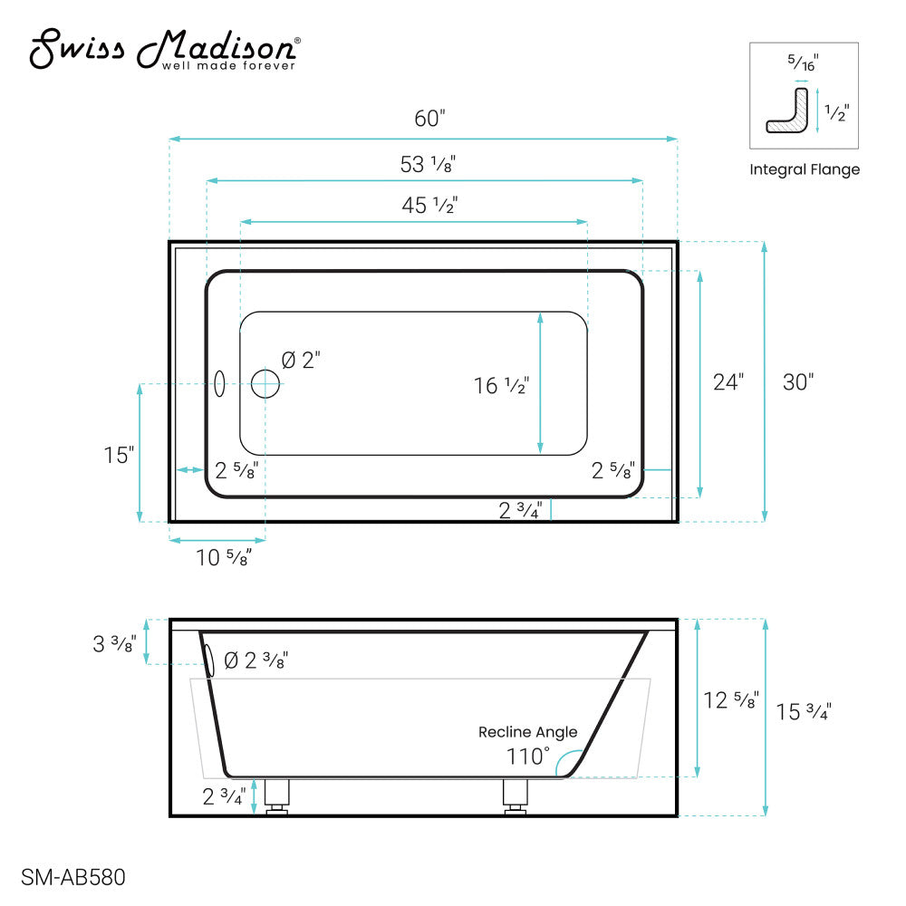 Virage 60" x 30" Left-Hand Drain Alcove Bathtub with Apron